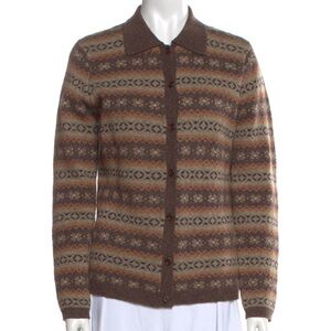 Lauren Ralph Lauren Brown Tan Lambswool Fair Isle Striped Cardigan Sweater S